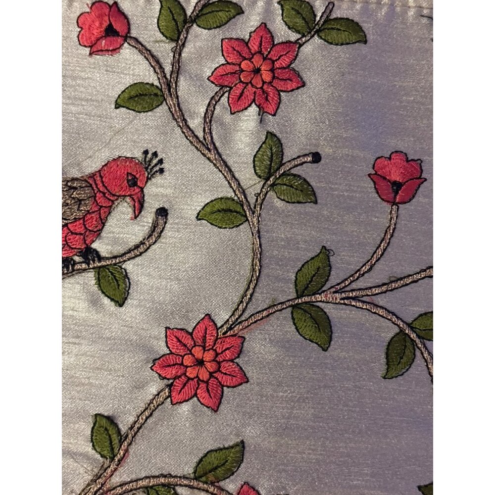 Embroidered Silk Handbag With Bird & Floral Design Wooden Handles Zippered Compa - Picture 2 of 15